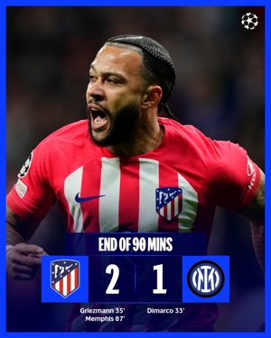 Phút 90 - Inter Milan 1-2 Atletico Madrid, tỷ số chung cuộc là 2-2 và bước vào hiệp phụ, Inter Milan ghi hai bàn không gỡ và Depay hòa ở phút 87.