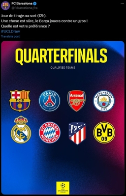 Làm nóng trận hòa Champions League! Twitter chính thức của Barcelona hỏi: Người hâm mộ muốn gặp đối thủ nào hơn?