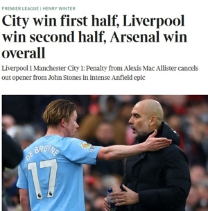 Tiêu đề The Times: Man City thắng hiệp 1, Liverpool thắng hiệp 2, Arsenal thắng cả trận